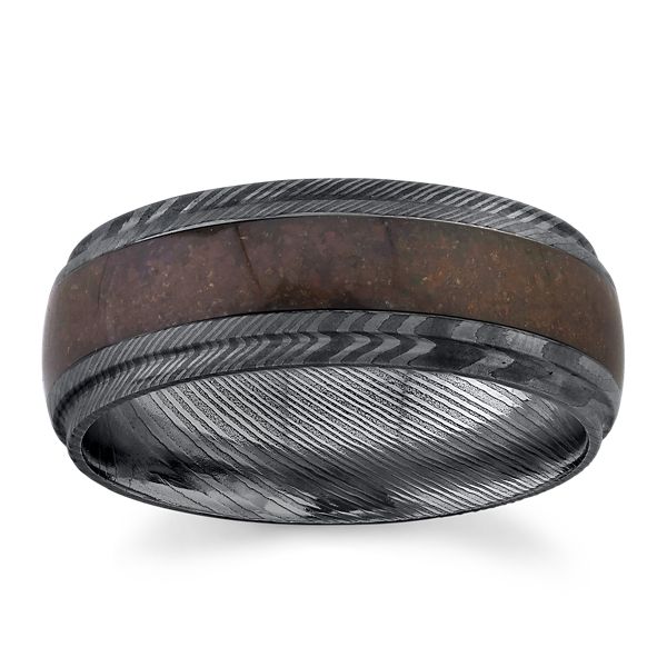 Lashbrook Damascus Steel 8 mm Wedding Band with 4 mm Red Dinosaur Bone