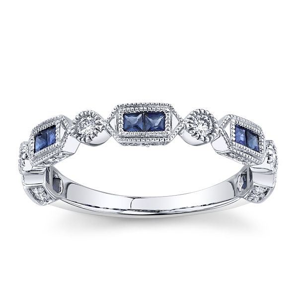 14k White Gold Blue Sapphire Diamond Wedding Band 1/5 ct. tw.