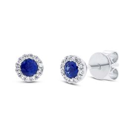 Shy Creation 14k White Gold Blue Sapphire Halo Diamond Earrings .08 ct. tw.