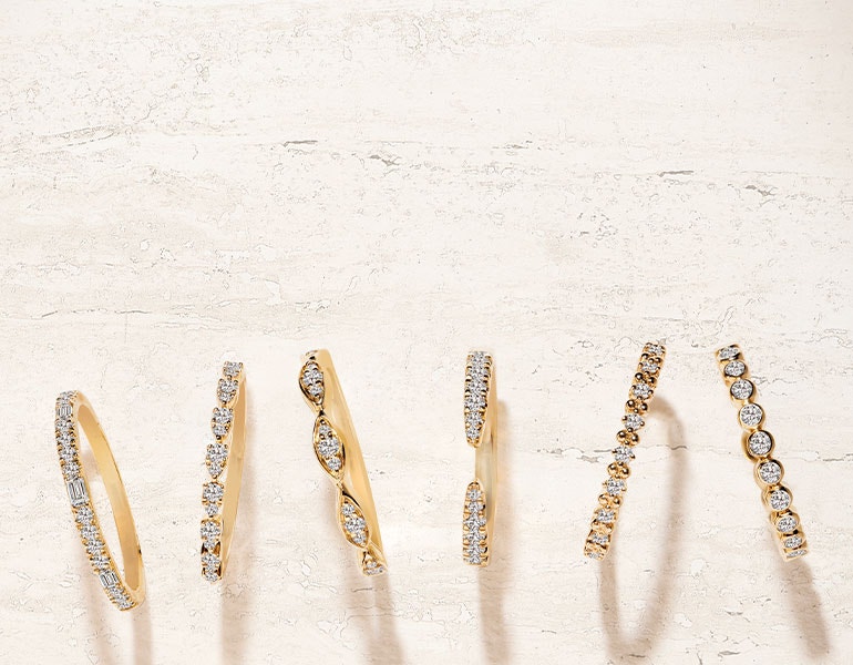 Collection of 14k Yellow Gold Natural Diamond Wedding Bands with Matching Guard Ring